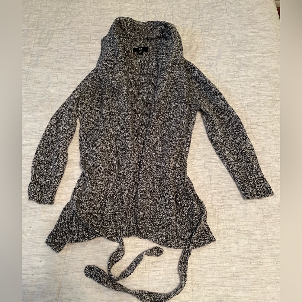 Grey cardigan sweater with tie around the waste, worn once.